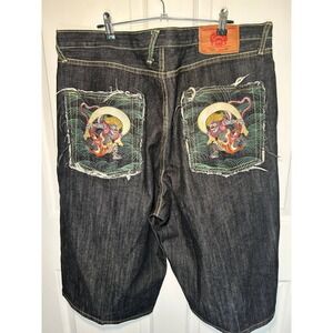 Red Monkey‎ Company RMC Raijin Thunder God Embroidered Raw Denim Shorts Size 40